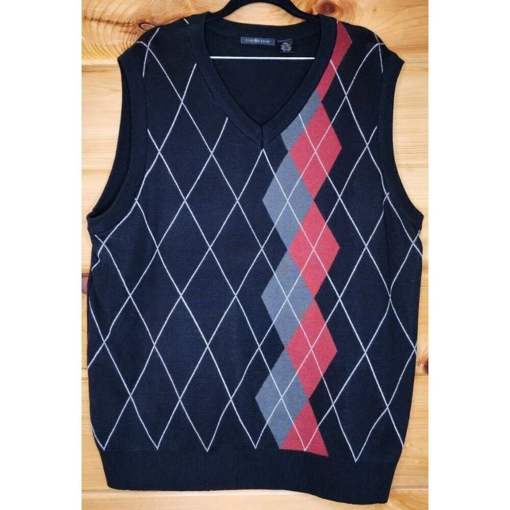 Chereskin Mens Size XXL Sweater Vest Dusty Red Gray Black Argyle 100% Acrylic